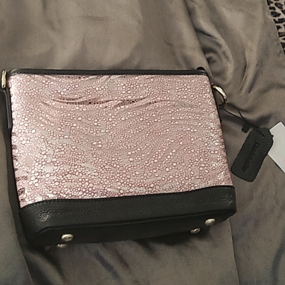 Black leather purse with pink abstract
